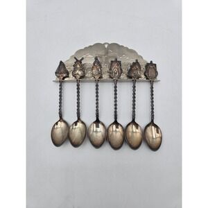 Vintage Dutch Souvenir Spoon Set with Wall Rack  Silver Plated Holland Windmill